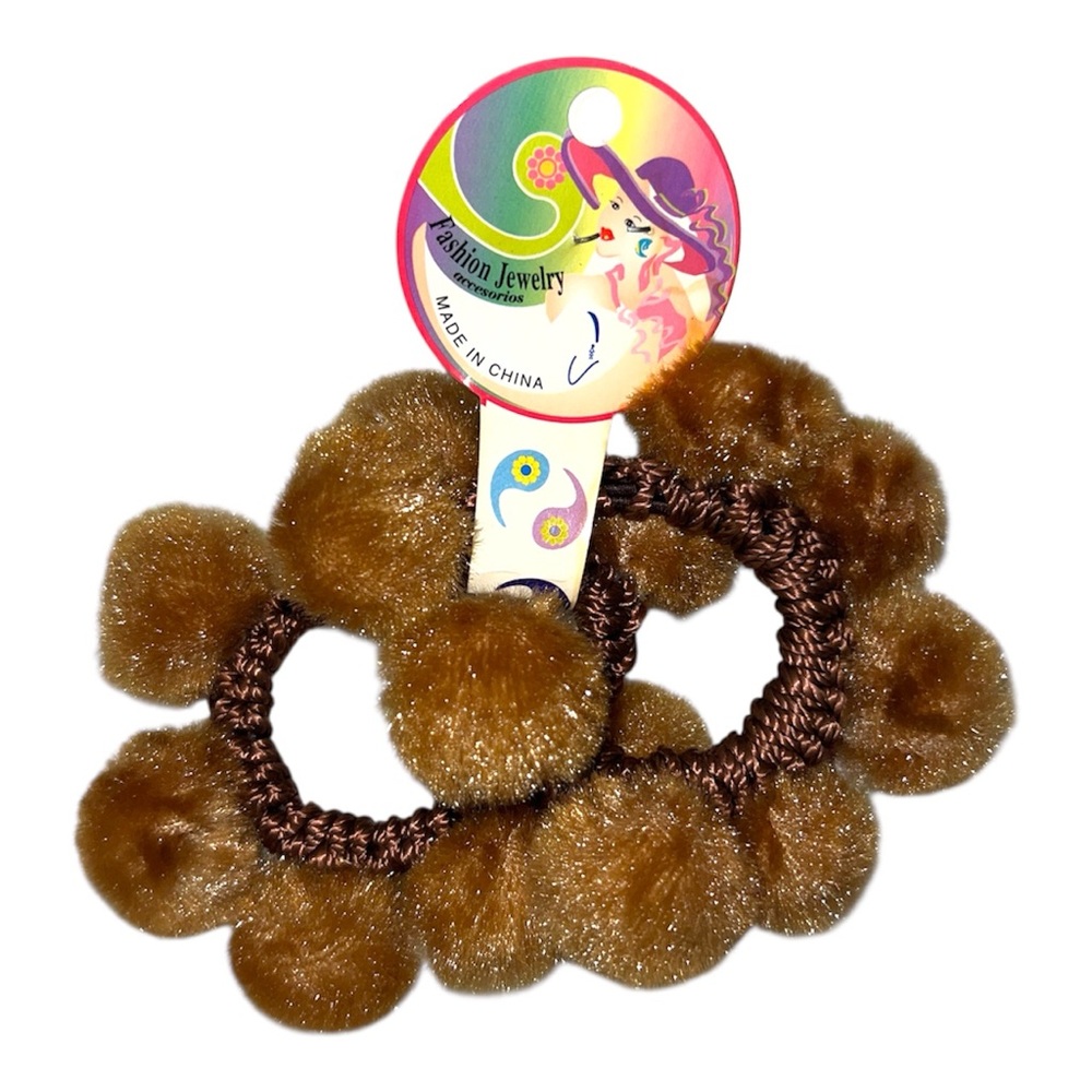 Fashion Jewelry Brown Pom Pom Hair Ties - Fluffy Set